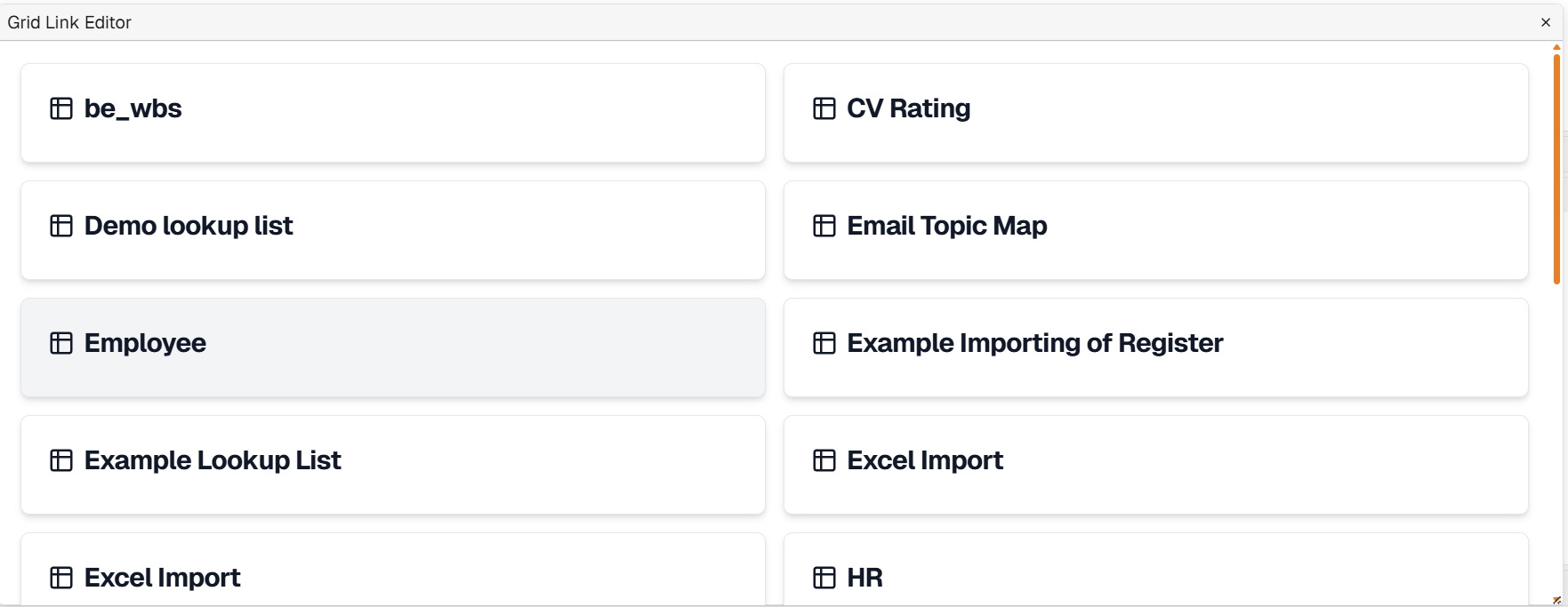 Grid Link Editor panel
